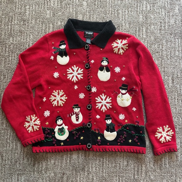 Women’s Christmas Cardigan size Small, snowmen and snowflakes, red & black - Picture 1 of 6